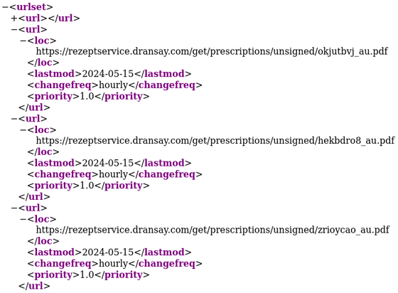 Screenshot mit Auszug der Sitemap.xml mit drei URLs die auf PDF-Dateien zeigen