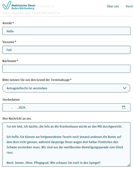 Ausschnitt aus dem Online-Absageformular des Medizinischen Dienstes Baden-Württemberg.

