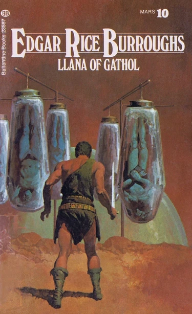 The cover of “Llana of Gathol,” featuring an illustration of a sword-wielding man confronts frozen bodies hanging from racks under a red sky.