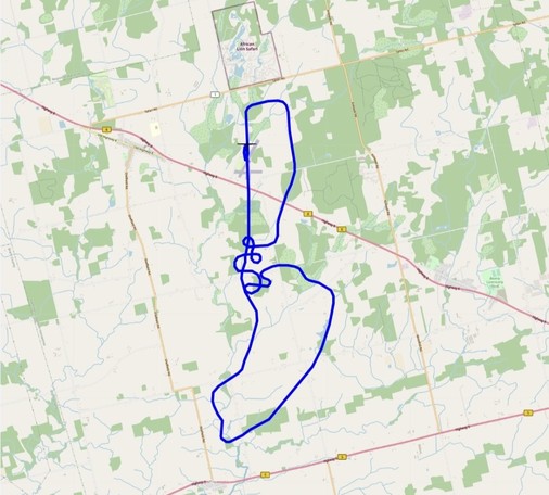 A glider track is overlaid over a map of a portion of Southern Ontario centred on airfield CPT3 between Rockton and Sheffield.
